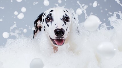 A cute dalmatian dog in bath with soap foam on glossy white refreshing fashion background. adorable pet portrait shampoo pet grooming salon spa wallpaper