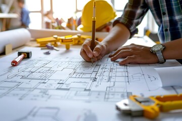 Architect or engineer working with blueprints at desk in office