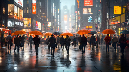 Obraz premium Rainy City Street with People Holding Umbrellas, walking, orange umbrella, wet, cityscape, urban