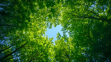Fototapeta premium Green Canopy with Blue Sky, green leaves, forest, trees, nature, woodland