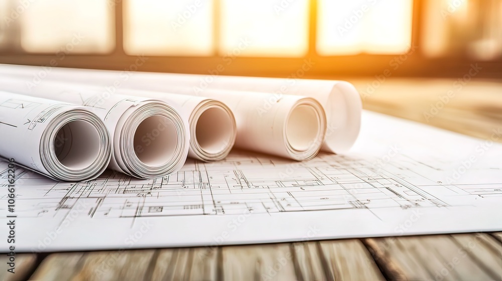 Aufkleber rolled blueprints on a table with a sunlit window in the background.