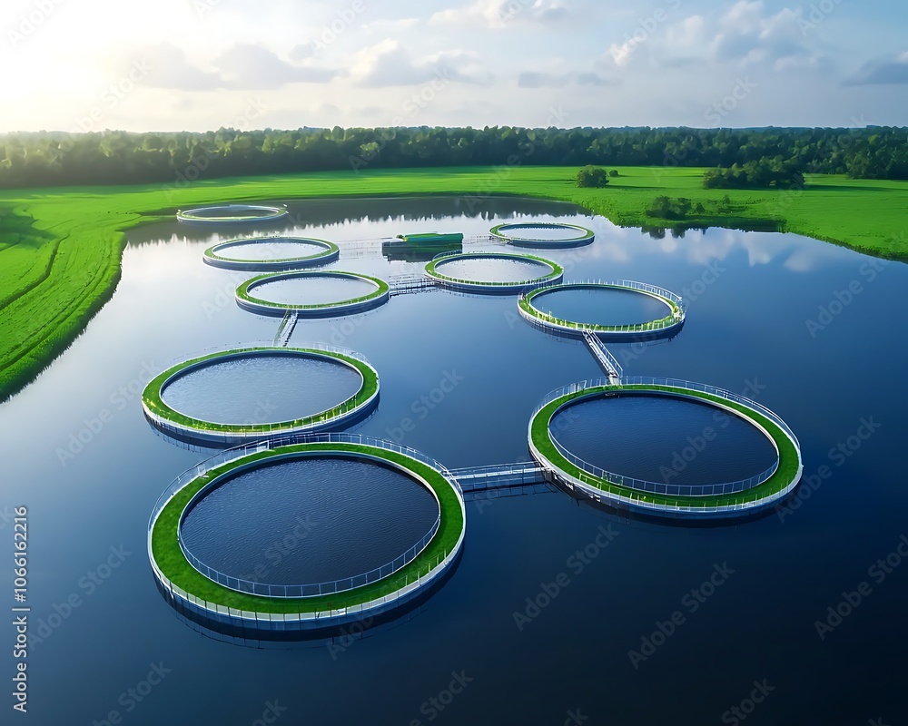 Poster a large body of water with a series of green circles floating on top of it