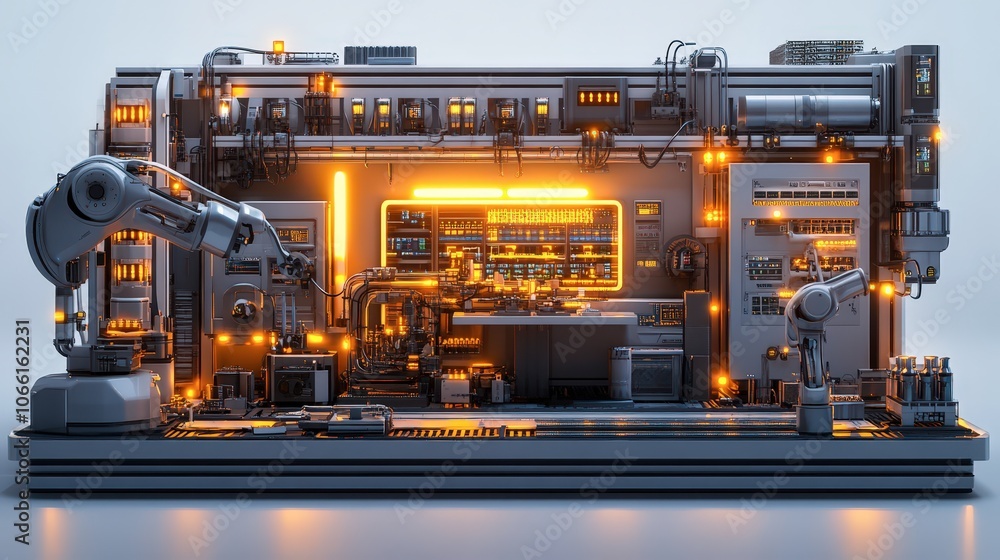 Poster advanced ai powered factory with robotic arms