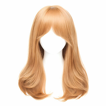 Long Blonde Wig with Bangs on Mannequin Head, long wig, hairpiece, hair extension, wig on mannequin, wig on white background