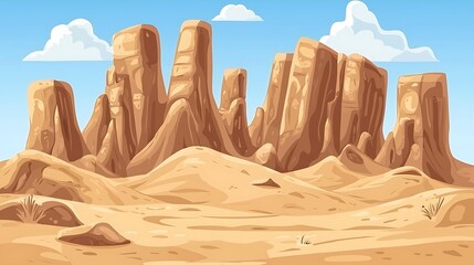 Desert Landscape with Tall Rock Formations and Sand Dunes.