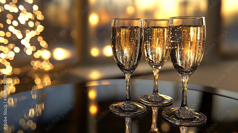 Poster three champagne flutes on a table with a sparkling background.