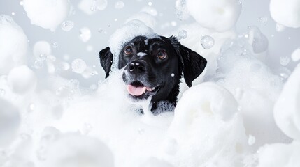 A cute dog in bath with soap foam on glossy white refreshing fashion background. adorable pet portrait shampoo pet grooming salon spa wallpaper