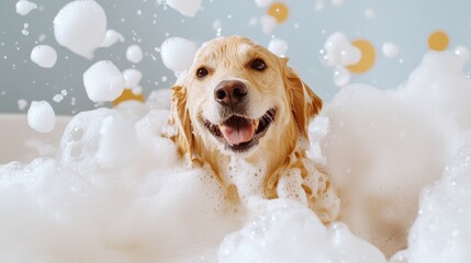 A cute dog in bath with soap foam on glossy white refreshing fashion background. adorable pet portrait shampoo pet grooming salon spa wallpaper