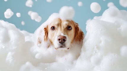 A cute dog in bath with soap foam on glossy white blue refreshing fashion background. adorable pet portrait shampoo pet grooming salon spa wallpaper