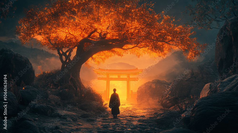 Poster A serene monk walks through a torch-lit pathway by a glowing tree and sacred gate at dusk