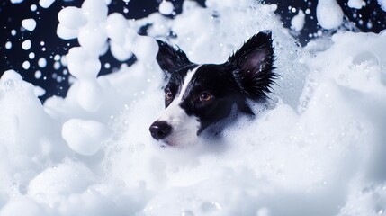 A cute dog in bath with soap foam on glossy white blue refreshing fashion background. adorable pet portrait shampoo pet grooming salon spa wallpaper