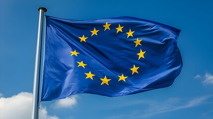 European Union Flag Waving in the Wind, blue, yellow, stars, circle, symbol