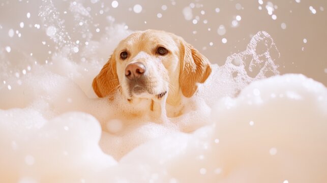 A cute dog in bath with soap foam on glossy white refreshing fashion background. adorable pet portrait shampoo pet grooming salon spa wallpaper