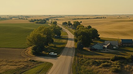 Fototapeta premium Serene Countryside Road Under Golden Hour Light