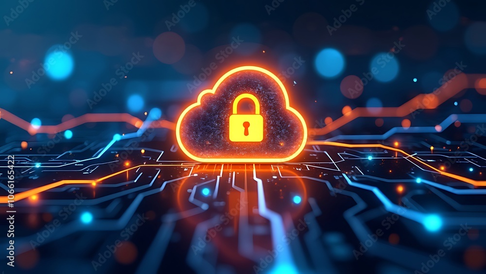 Poster glowing cloud with a padlock is floating over a motherboard, symbolizing cloud computing security