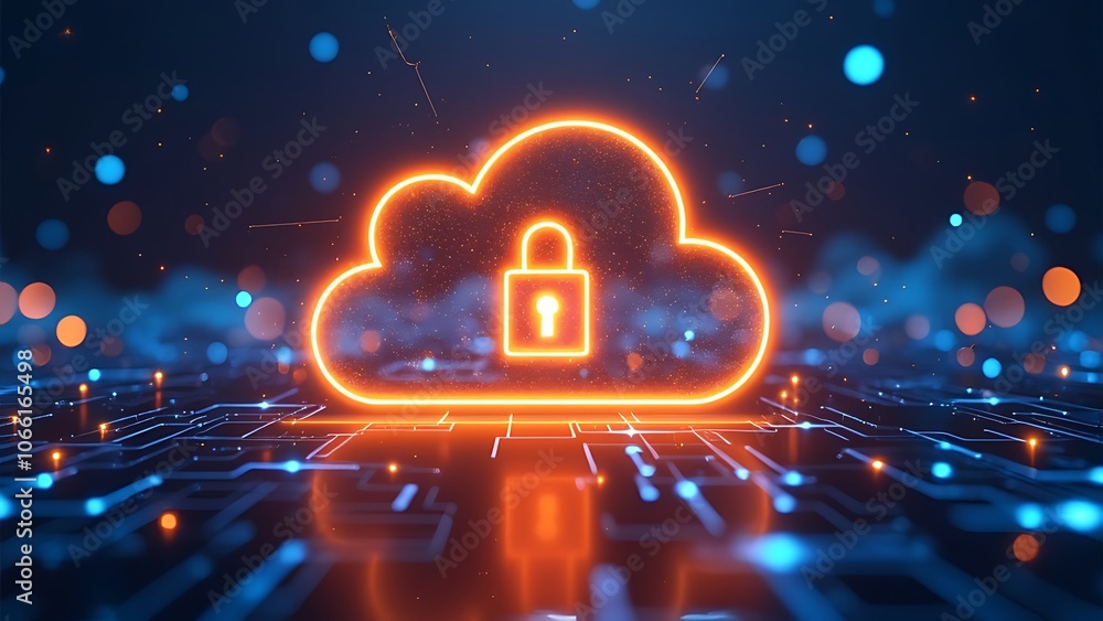 Aufkleber glowing cloud with a padlock is floating over a motherboard, symbolizing cloud computing security