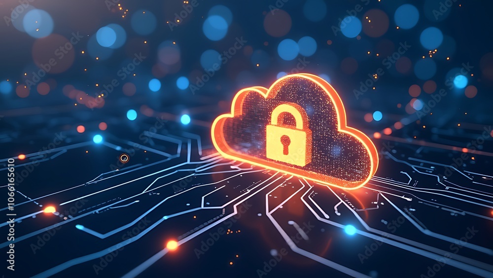 Poster glowing cloud with a padlock is floating over a motherboard, symbolizing cloud computing security