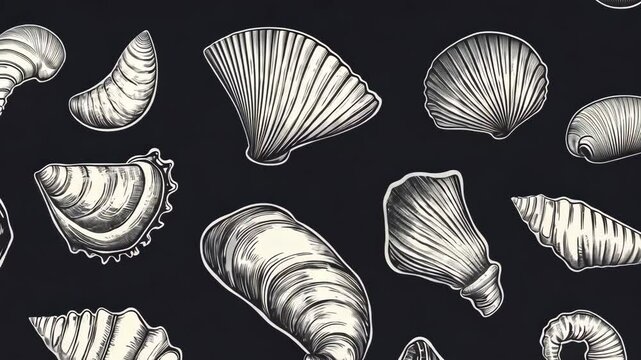 A collection of various seashells drawn in black and white on a dark background