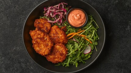 Fototapeta premium Crispy Fried Chicken with Salad and Dipping Sauce