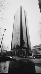 Architecture shot of a street, low angle, skyscrapers, modern glass and steel architecture, cloudy misty diffuse light, black & white photography.