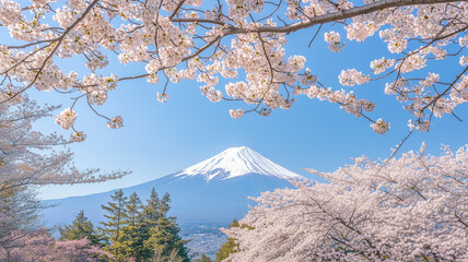 富士山と満開の桜が彩る春の朝
