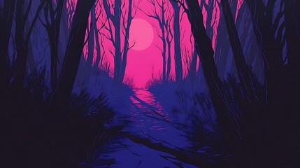 Obraz premium Silhouettes of Trees in a Forest with Pink Sunset.