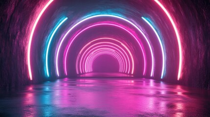 Neon Lights Reflecting on Wet Concrete Floor in a Tunnel
