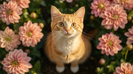 Charming Ginger Cat Surrounded by Flowers