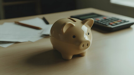 Piggy Bank on Desk with Calculator and Paperwork, savings, money, finance, budget, financial