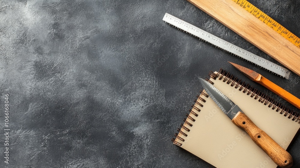 Poster tools and notepad on dark surface for creative projects