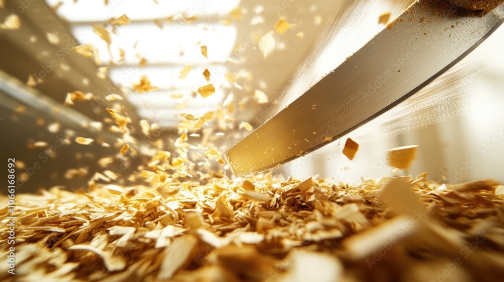 Poster shavings flying from wood with sharp tool in action