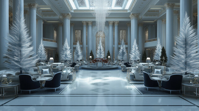 Opulent Winter Hotel with Festive Décor and Grand Architecture.