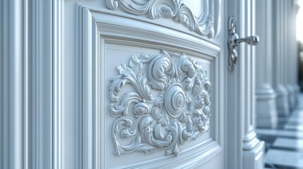 Highly detailed luxury front door with floral carvings and silver hardware, set on a white background