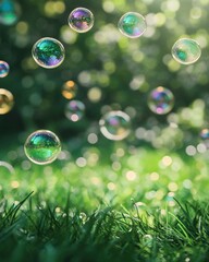 Floating bubbles on grassy outdoor setting