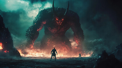 Obraz premium A fierce warrior confronts a towering demon amidst fiery chaos in a dark, mystical landscape