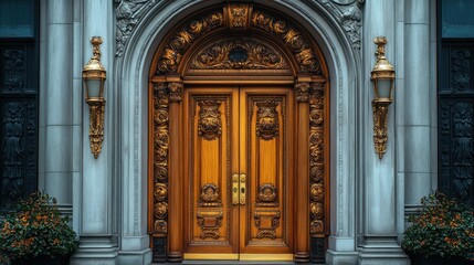 Fototapeta premium Highly detailed shot of a classic wooden door with gold fixtures and sculpted carvings.