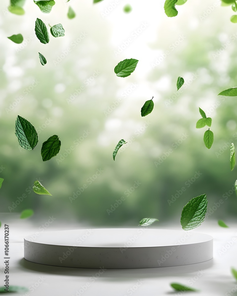 Poster a serene scene with floating leaves above a circular platform, evoking nature and tranquility.