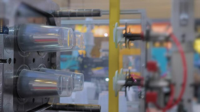 Close up shot: automatic plastic injection molding machine is producing polypropylene beverage cups, containers, while pick and place robotic arm manipulator is removing them at the exhibition