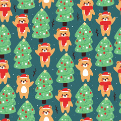 seamless pattern cartoon bear with christmas tree. cute christmas and winter wallpaper for fabric print, gift wrap paper