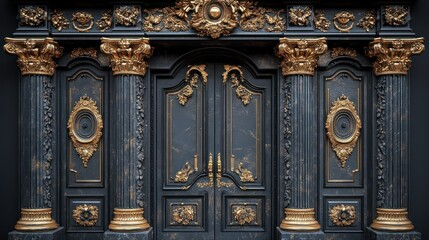 Obraz premium Luxury double doors with carved wood panels and gold accents, isolated on a transparent background.