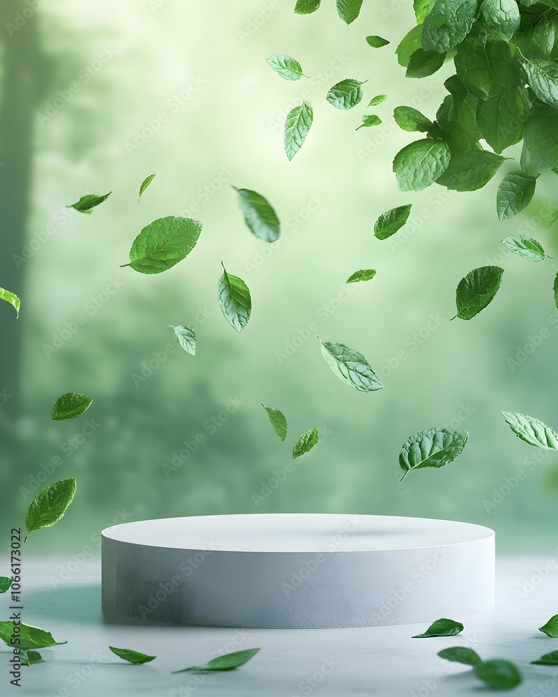 Poster a serene display featuring floating leaves above a circular pedestal in a natural setting.