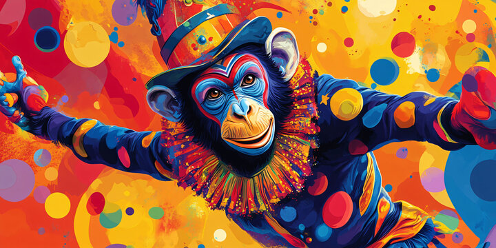 circus monkey. A colorful illustration of a monkey dressed as a circus clown,