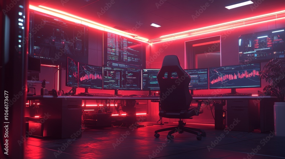 Aufkleber red neon gaming room setup multiple monitors high tech computer desk