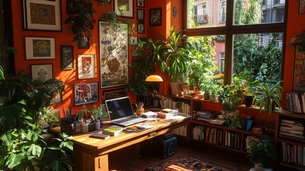 Fototapeta premium Sunlit Home Office with Plants Books and Laptop