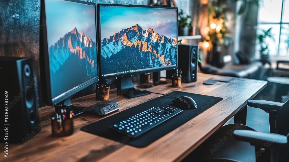 Poster modern gamer workspace dual monitors keyboard mouse desk setup