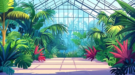 Fototapeta premium Lush Green Tropical Plants in a Glass Greenhouse with a Tile Floor.