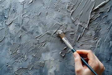Painting brush in hand on grey textured background