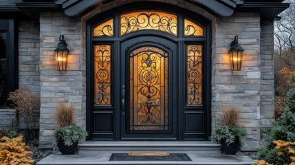 Luxury front door with stained glass panels and wrought iron detailing in high definition.