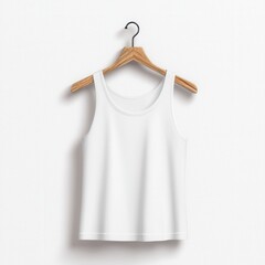 A simple white tank top hanging on a wooden hanger against a plain background showcasing minimalist fashion and versatility