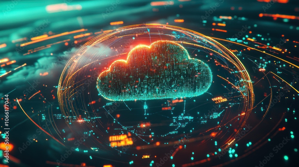 Poster Digital Cloud Network with Glowing Lines and Dots